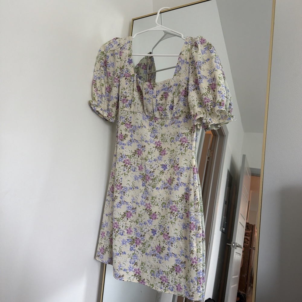 SHEIN Cream Floral Puff-Sleeve Mini Dress with Lavender Blooms
